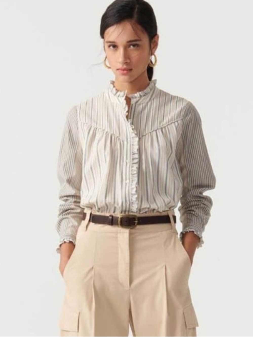 Ba&sh Striped Ruffle-Trim Button Front Top white/Beige/blue size medium - Picture 2 of 12